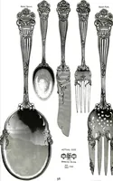 An illustration from Georgian: a pattern of spoons, forks and all other pieces of table flat ware is fully shown in this book, in which is also given an account of the chief events of the war of the revolution and the acts of oppression which preceded and provoked it... (1906)