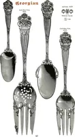 An illustration from Georgian: a pattern of spoons, forks and all other pieces of table flat ware is fully shown in this book, in which is also given an account of the chief events of the war of the revolution and the acts of oppression which preceded and provoked it... (1906)