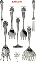 An illustration from Georgian: a pattern of spoons, forks and all other pieces of table flat ware is fully shown in this book, in which is also given an account of the chief events of the war of the revolution and the acts of oppression which preceded and provoked it... (1906)