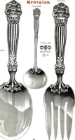 An illustration from Georgian: a pattern of spoons, forks and all other pieces of table flat ware is fully shown in this book, in which is also given an account of the chief events of the war of the revolution and the acts of oppression which preceded and provoked it... (1906)