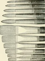 An illustration from Cyclopedia of painting : containing useful and valuable information on the following subjects : adulteration of paint, blistering of paint, brushes, calcimining, carriage painting, china painting, colors, color harmony, color mixing, color testing, exterior painting, gilding, graining, house painting, marbling, mildew, oils and driers, oil painting on glass, painting a bath tub, painting in distemper, paperhanger's tools, paperhanging, pigments, plain oil painting, primary colors, priming, scenic painting, sign painting, stains, staining, stencilling, turpentine, varnishes, varnishing, water color painting, when not to paint, practical points on painting, useful information (1908)