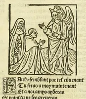 An illustration from Cy est le Romat de la roze, ou, Tout lart Damour est enclose : histoires et auctoritez et maintz beaulx propos vsitez qui a este nouuellement Corrige suffisantement et cotte bien a lauantaige com on voit en chascune page (1526)