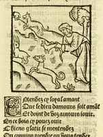 An illustration from Cy est le Romat de la roze, ou, Tout lart Damour est enclose : histoires et auctoritez et maintz beaulx propos vsitez qui a este nouuellement Corrige suffisantement et cotte bien a lauantaige com on voit en chascune page (1526)