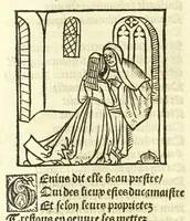 An illustration from Cy est le Romat de la roze, ou, Tout lart Damour est enclose : histoires et auctoritez et maintz beaulx propos vsitez qui a este nouuellement Corrige suffisantement et cotte bien a lauantaige com on voit en chascune page (1526)