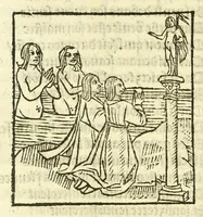 An illustration from Cy est le Romat de la roze, ou, Tout lart Damour est enclose : histoires et auctoritez et maintz beaulx propos vsitez qui a este nouuellement Corrige suffisantement et cotte bien a lauantaige com on voit en chascune page (1526)
