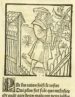An illustration from Cy est le Romat de la roze, ou, Tout lart Damour est enclose : histoires et auctoritez et maintz beaulx propos vsitez qui a este nouuellement Corrige suffisantement et cotte bien a lauantaige com on voit en chascune page (1526)