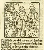 An illustration from Cy est le Romat de la roze, ou, Tout lart Damour est enclose : histoires et auctoritez et maintz beaulx propos vsitez qui a este nouuellement Corrige suffisantement et cotte bien a lauantaige com on voit en chascune page (1526)