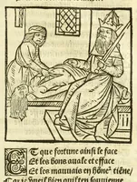 An illustration from Cy est le Romat de la roze, ou, Tout lart Damour est enclose : histoires et auctoritez et maintz beaulx propos vsitez qui a este nouuellement Corrige suffisantement et cotte bien a lauantaige com on voit en chascune page (1526)