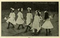 An illustration from Dances of the people : a second volume of Folk-dances and singing games; containing twenty-eight folk-dances of the United States, Ireland, England, Scotland, Norway, Sweden, Denmark, Finland, Germany, and Switzerland; with the music, full directions for performance and numerous illustrations (1913)