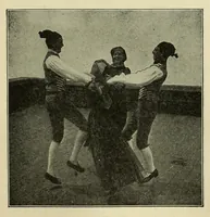 An illustration from Dances of the people : a second volume of Folk-dances and singing games; containing twenty-eight folk-dances of the United States, Ireland, England, Scotland, Norway, Sweden, Denmark, Finland, Germany, and Switzerland; with the music, full directions for performance and numerous illustrations (1913)