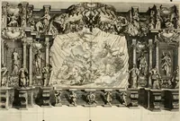 An illustration from Das vestalische ewige Feur, zur Geburts-Befrolokung deren Römischen Kayserlichen Mayestätten Leopold vnd Clavdia durchleuchtigisten Prinzessin Anna Maria auff der grossen Schau-Bühne gesungener vorgestellt, auss dem Wälschen in das Teutsche übersetzet (1674)