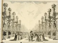 An illustration from Das vestalische ewige Feur, zur Geburts-Befrolokung deren Römischen Kayserlichen Mayestätten Leopold vnd Clavdia durchleuchtigisten Prinzessin Anna Maria auff der grossen Schau-Bühne gesungener vorgestellt, auss dem Wälschen in das Teutsche übersetzet (1674)