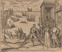 An illustration from Das vierdte Buch von der Neuwen Welt. Oder Neuwe vnd gründtliche Historien, von dem Nidergängischen Indien, so von Christophoro Columbo im Jar 1492 erstlich erfunden (1594)