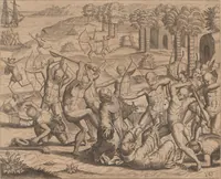 An illustration from Das vierdte Buch von der Neuwen Welt. Oder Neuwe vnd gründtliche Historien, von dem Nidergängischen Indien, so von Christophoro Columbo im Jar 1492 erstlich erfunden (1594)