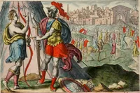 An illustration from David, hoc est virtutis exercitatissimae probatum Deo spectaculum, ex David pastoris, militis, regis, exulis, ac prophetae exemplis (1637)