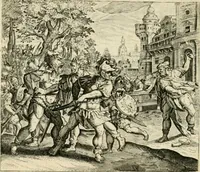 An illustration from David, virtvtis exercitatissimae probatum Deo spectaculum : ex Dauidis pastoris, militis, ducis, exsulis ac prophetae exemplis (1597)