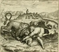 An illustration from David, virtvtis exercitatissimae probatum Deo spectaculum : ex Dauidis pastoris, militis, ducis, exsulis ac prophetae exemplis (1597)
