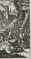 An illustration from De Americaensche zee-roovers. : Behelsende een pertinente en waerachtige beschrijving van alle de voornaemste roveryen, en onmenschelijcke wreedheden, die de Engelse en Franse rovers, tegens de Spanjaerden in America, gepleeght hebben. Verdeelt in drie deelen: het eerste deel verhandelt hoe de Fransen op Hispanjola gekomen zijn, de aerdt van't landt, inwoonders, en hun manier van leven aldaer. Het tweede deel, de opkomst van de rovers, hun regel en leven onder malkander, nevens verscheyde roveryen aen de Spanjaerden gepleeght. Het derde 't verbranden van de stadt Panama, door d'Engelsche en Franse rovers gedaen, nevens het geen de schrijver op sijn reys voorgevallen is. Hier achter is bygevoeght, een horte verhandeling van de macht en rijkdommen, die de Koninck van Spanje, Karel de Tweede, in America heeft, nevens des selfs inkomsten en Regering aldaer. Als mede een kort begrijp van alle de voornaemste plaetsen in het selve gewest, onder Christen potentaten behoorende. (1678)