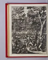 An illustration from De Americaensche zee-roovers. : Behelsende een pertinente en waerachtige beschrijving van alle de voornaemste roveryen, en onmenschelijcke wreedheden, die de Engelse en Franse rovers, tegens de Spanjaerden in America, gepleeght hebben. Verdeelt in drie deelen: het eerste deel verhandelt hoe de Fransen op Hispanjola gekomen zijn, de aerdt van't landt, inwoonders, en hun manier van leven aldaer. Het tweede deel, de opkomst van de rovers, hun regel en leven onder malkander, nevens verscheyde roveryen aen de Spanjaerden gepleeght. Het derde 't verbranden van de stadt Panama, door d'Engelsche en Franse rovers gedaen, nevens het geen de schrijver op sijn reys voorgevallen is. Hier achter is bygevoeght, een horte verhandeling van de macht en rijkdommen, die de Koninck van Spanje, Karel de Tweede, in America heeft, nevens des selfs inkomsten en Regering aldaer. Als mede een kort begrijp van alle de voornaemste plaetsen in het selve gewest, onder Christen potentaten behoorende. (1678)