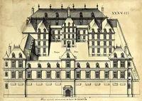 Picture 35 of 45 from De architectura Iacobi Androuetii du Cerceau, opus : quo descriptae sunt aedificiorum quinquaginta planè dissimilium ichnographiae, in omnium non modò potentiorum, sed etiam mediocrium & tenuiorum gratia[m], quos aedificandi studium oblectat: adiunctâ vsus & commoditatis in habitationibus singulis expositione, vnà cum integra cuisque aedificij dimensione. Hûc accedit breuis explicatio de structurarum, quibus aedifica constant, dimensione per orgyiam, que Gallica est architectorum mensura, sex longa pedes: quâ certè methodo nemo non aedificia quaevis metiri, & futuri in aedificando sumptus rationem secum inire poterit .. (1559), leaf 143