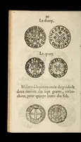 An illustration from [Declaration du roy, portant que les monnoyes d'argent legeres ne seront exposées que pour leur iuste prix selon leur poids & titre, & que tous les poids dont on se seruira pour les monnoyes, seront aiustez & estallonnez sur ceux de la Cour des monnoyes dans vn mois : registrée en la Cour des monnoyes le 24. octobre 1640 : ensemble l'arrest de ladite cour, pour le fait de l'estalonnement desdits poids]. (1640)