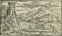 An illustration from Declaration de l'vsage du graphometre : par la pratique duq[ue]l l'on peut mesurer toutes distances des choses de remarque qui se pourront voir et discerner du lieu ou il sera posé : et po[ur] arpenter terres, bois, prez, & faire plans de villes et forteresses, cartes geographiques, & generalement toutes mesures visibles : et ce sans reigle d'arithmetique (1597)