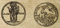 An illustration from De Constantini Magni, Christianor. impp. primi, duobus nummis : qvorum priorem, accepto sacro-sancto Baptismate, posteriorem autem, paterne facta Imperii sui anno ejusd. ultimo, inter tres filios partione, is jusserit signari epistolae duae ... (1693)