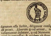 An illustration from De Constantini Magni, Christianor. impp. primi, duobus nummis : qvorum priorem, accepto sacro-sancto Baptismate, posteriorem autem, paterne facta Imperii sui anno ejusd. ultimo, inter tres filios partione, is jusserit signari epistolae duae ... (1693)
