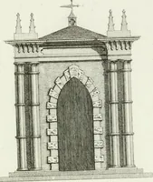 An illustration from Decorations for parks and gardens : designs for gates, garden seats, alcoves, temples, baths, entrance gates, lodges, facades, prospect towers, cattle sheds, ruins, bridges, greenhouses, &c. &c. also a hot house & hot wall : with plans & scales on 55 plates (1810)