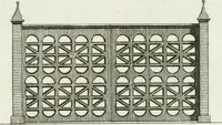 An illustration from Decorations for parks and gardens : designs for gates, garden seats, alcoves, temples, baths, entrance gates, lodges, facades, prospect towers, cattle sheds, ruins, bridges, greenhouses, &c. &c. also a hot house & hot wall : with plans & scales on 55 plates (1810)