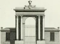 An illustration from Decorations for parks and gardens : designs for gates, garden seats, alcoves, temples, baths, entrance gates, lodges, facades, prospect towers, cattle sheds, ruins, bridges, greenhouses, &c. &c. also a hot house & hot wall : with plans & scales on 55 plates (1810)