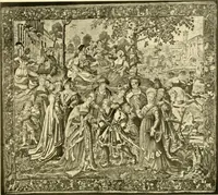 An illustration from Decorative textiles; an illustrated book on coverings for furniture, walls and floors, including damasks, brocades and velvets, tapestries, laces, embroideries, chintzes, cretones, drapery and furniture trimmings, wall papers, carpets and rugs, tooled and illuminated leathers (1918)
