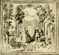 An illustration from Decorative textiles; an illustrated book on coverings for furniture, walls and floors, including damasks, brocades and velvets, tapestries, laces, embroideries, chintzes, cretones, drapery and furniture trimmings, wall papers, carpets and rugs, tooled and illuminated leathers (1918)