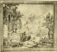 An illustration from Decorative textiles; an illustrated book on coverings for furniture, walls and floors, including damasks, brocades and velvets, tapestries, laces, embroideries, chintzes, cretones, drapery and furniture trimmings, wall papers, carpets and rugs, tooled and illuminated leathers (1918)