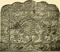 An illustration from Decorative textiles; an illustrated book on coverings for furniture, walls and floors, including damasks, brocades and velvets, tapestries, laces, embroideries, chintzes, cretones, drapery and furniture trimmings, wall papers, carpets and rugs, tooled and illuminated leathers (1918)