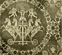 An illustration from Decorative textiles; an illustrated book on coverings for furniture, walls and floors, including damasks, brocades and velvets, tapestries, laces, embroideries, chintzes, cretones, drapery and furniture trimmings, wall papers, carpets and rugs, tooled and illuminated leathers (1918)
