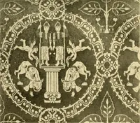 An illustration from Decorative textiles; an illustrated book on coverings for furniture, walls and floors, including damasks, brocades and velvets, tapestries, laces, embroideries, chintzes, cretones, drapery and furniture trimmings, wall papers, carpets and rugs, tooled and illuminated leathers (1918)