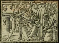 An illustration from Decretales dñi pape Gregorij noni : accurata diligetia nouissime post alias oes ipressiones [atque] pluribus cu exemplarib[us] emedate, aptissimisq[ue] imaginib[us] exculte : cu multiplicibus rep[er]torijs antiq[ui]s [et] de nouo factis ad materias quascuq[ue] inueniedas amplissimis : additis casibus Bernardi qui fruge [et] vtilitatem maximã studentibus exhibebunt (1528)