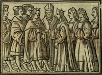 An illustration from Decretales dñi pape Gregorij noni : accurata diligetia nouissime post alias oes ipressiones [atque] pluribus cu exemplarib[us] emedate, aptissimisq[ue] imaginib[us] exculte : cu multiplicibus rep[er]torijs antiq[ui]s [et] de nouo factis ad materias quascuq[ue] inueniedas amplissimis : additis casibus Bernardi qui fruge [et] vtilitatem maximã studentibus exhibebunt (1528)
