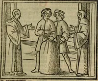 An illustration from Decretu[m] Gratiani : cu glossis dñi Joannis Theutonici prepositi Alberstatensis [et] annotationibus Bartholomei Brixiensis : [cum] diuisionibus Archidiaconi : [cum] Casibus a Bene., cõpositis per Bart. Brixi., correctis [et] pro clariore itellectu pluribus in locis extensis : [cum] concordia ad Bibliam : [cum] tabula marginalium glossularu[m] : [cum tabula] omniu canonu [et] concilio[rum] : [cum] Margarita Decreti : [cum] flosculis totius Decretia domio Joanne diacono compositis : [cum] additione in margine litteraru[m], quo minusculi characteres lineis intercepti, citius legenti appareant (1514)