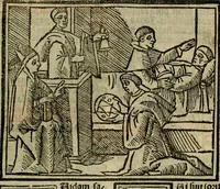 An illustration from Decretu[m] Gratiani : cu glossis dñi Joannis Theutonici prepositi Alberstatensis [et] annotationibus Bartholomei Brixiensis : [cum] diuisionibus Archidiaconi : [cum] Casibus a Bene., cõpositis per Bart. Brixi., correctis [et] pro clariore itellectu pluribus in locis extensis : [cum] concordia ad Bibliam : [cum] tabula marginalium glossularu[m] : [cum tabula] omniu canonu [et] concilio[rum] : [cum] Margarita Decreti : [cum] flosculis totius Decretia domio Joanne diacono compositis : [cum] additione in margine litteraru[m], quo minusculi characteres lineis intercepti, citius legenti appareant (1514)