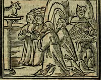 An illustration from Decretu[m] Gratiani : cu glossis dñi Joannis Theutonici prepositi Alberstatensis [et] annotationibus Bartholomei Brixiensis : [cum] diuisionibus Archidiaconi : [cum] Casibus a Bene., cõpositis per Bart. Brixi., correctis [et] pro clariore itellectu pluribus in locis extensis : [cum] concordia ad Bibliam : [cum] tabula marginalium glossularu[m] : [cum tabula] omniu canonu [et] concilio[rum] : [cum] Margarita Decreti : [cum] flosculis totius Decretia domio Joanne diacono compositis : [cum] additione in margine litteraru[m], quo minusculi characteres lineis intercepti, citius legenti appareant (1514)