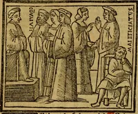 An illustration from Decretu[m] Gratiani : cu glossis dñi Joannis Theutonici prepositi Alberstatensis [et] annotationibus Bartholomei Brixiensis : [cum] diuisionibus Archidiaconi : [cum] Casibus a Bene., cõpositis per Bart. Brixi., correctis [et] pro clariore itellectu pluribus in locis extensis : [cum] concordia ad Bibliam : [cum] tabula marginalium glossularu[m] : [cum tabula] omniu canonu [et] concilio[rum] : [cum] Margarita Decreti : [cum] flosculis totius Decretia domio Joanne diacono compositis : [cum] additione in margine litteraru[m], quo minusculi characteres lineis intercepti, citius legenti appareant (1514)