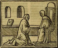 An illustration from Decretu[m] Gratiani : cu glossis dñi Joannis Theutonici prepositi Alberstatensis [et] annotationibus Bartholomei Brixiensis : [cum] diuisionibus Archidiaconi : [cum] Casibus a Bene., cõpositis per Bart. Brixi., correctis [et] pro clariore itellectu pluribus in locis extensis : [cum] concordia ad Bibliam : [cum] tabula marginalium glossularu[m] : [cum tabula] omniu canonu [et] concilio[rum] : [cum] Margarita Decreti : [cum] flosculis totius Decretia domio Joanne diacono compositis : [cum] additione in margine litteraru[m], quo minusculi characteres lineis intercepti, citius legenti appareant (1514)