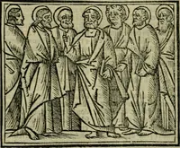 An illustration from Decretu[m] Gratiani : cu glossis dñi Joannis Theutonici prepositi Alberstatensis [et] annotationibus Bartholomei Brixiensis : [cum] diuisionibus Archidiaconi : [cum] Casibus a Bene., cõpositis per Bart. Brixi., correctis [et] pro clariore itellectu pluribus in locis extensis : [cum] concordia ad Bibliam : [cum] tabula marginalium glossularu[m] : [cum tabula] omniu canonu [et] concilio[rum] : [cum] Margarita Decreti : [cum] flosculis totius Decretia domio Joanne diacono compositis : [cum] additione in margine litteraru[m], quo minusculi characteres lineis intercepti, citius legenti appareant (1514)