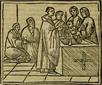 An illustration from Decretu[m] Gratiani : cu glossis dñi Joannis Theutonici prepositi Alberstatensis [et] annotationibus Bartholomei Brixiensis : [cum] diuisionibus Archidiaconi : [cum] Casibus a Bene., cõpositis per Bart. Brixi., correctis [et] pro clariore itellectu pluribus in locis extensis : [cum] concordia ad Bibliam : [cum] tabula marginalium glossularu[m] : [cum tabula] omniu canonu [et] concilio[rum] : [cum] Margarita Decreti : [cum] flosculis totius Decretia domio Joanne diacono compositis : [cum] additione in margine litteraru[m], quo minusculi characteres lineis intercepti, citius legenti appareant (1514)