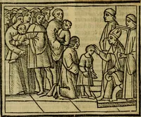 An illustration from Decretu[m] Gratiani : cu glossis dñi Joannis Theutonici prepositi Alberstatensis [et] annotationibus Bartholomei Brixiensis : [cum] diuisionibus Archidiaconi : [cum] Casibus a Bene., cõpositis per Bart. Brixi., correctis [et] pro clariore itellectu pluribus in locis extensis : [cum] concordia ad Bibliam : [cum] tabula marginalium glossularu[m] : [cum tabula] omniu canonu [et] concilio[rum] : [cum] Margarita Decreti : [cum] flosculis totius Decretia domio Joanne diacono compositis : [cum] additione in margine litteraru[m], quo minusculi characteres lineis intercepti, citius legenti appareant (1514)