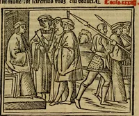 An illustration from Decretu[m] Gratiani : cu glossis dñi Joannis Theutonici prepositi Alberstatensis [et] annotationibus Bartholomei Brixiensis : [cum] diuisionibus Archidiaconi : [cum] Casibus a Bene., cõpositis per Bart. Brixi., correctis [et] pro clariore itellectu pluribus in locis extensis : [cum] concordia ad Bibliam : [cum] tabula marginalium glossularu[m] : [cum tabula] omniu canonu [et] concilio[rum] : [cum] Margarita Decreti : [cum] flosculis totius Decretia domio Joanne diacono compositis : [cum] additione in margine litteraru[m], quo minusculi characteres lineis intercepti, citius legenti appareant (1514)