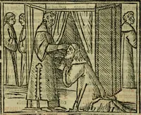An illustration from Decretu[m] Gratiani : cu glossis dñi Joannis Theutonici prepositi Alberstatensis [et] annotationibus Bartholomei Brixiensis : [cum] diuisionibus Archidiaconi : [cum] Casibus a Bene., cõpositis per Bart. Brixi., correctis [et] pro clariore itellectu pluribus in locis extensis : [cum] concordia ad Bibliam : [cum] tabula marginalium glossularu[m] : [cum tabula] omniu canonu [et] concilio[rum] : [cum] Margarita Decreti : [cum] flosculis totius Decretia domio Joanne diacono compositis : [cum] additione in margine litteraru[m], quo minusculi characteres lineis intercepti, citius legenti appareant (1514)