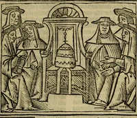 An illustration from Decretu[m] Gratiani : cu glossis dñi Joannis Theutonici prepositi Alberstatensis [et] annotationibus Bartholomei Brixiensis : [cum] diuisionibus Archidiaconi : [cum] Casibus a Bene., cõpositis per Bart. Brixi., correctis [et] pro clariore itellectu pluribus in locis extensis : [cum] concordia ad Bibliam : [cum] tabula marginalium glossularu[m] : [cum tabula] omniu canonu [et] concilio[rum] : [cum] Margarita Decreti : [cum] flosculis totius Decretia domio Joanne diacono compositis : [cum] additione in margine litteraru[m], quo minusculi characteres lineis intercepti, citius legenti appareant (1514)
